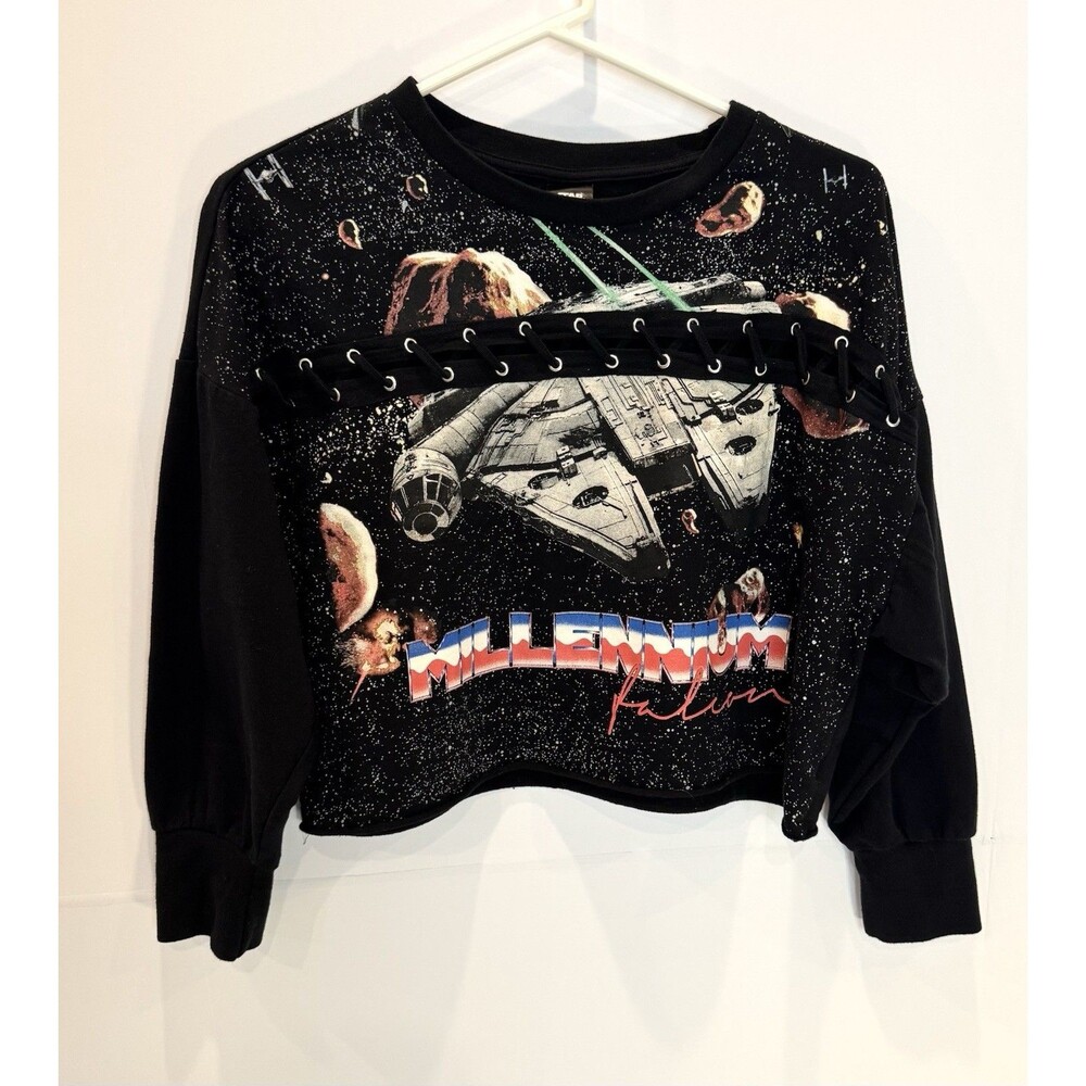 Star Wars Women’s Size L Large Black Cropped Sweatshirt Millenium Falcon